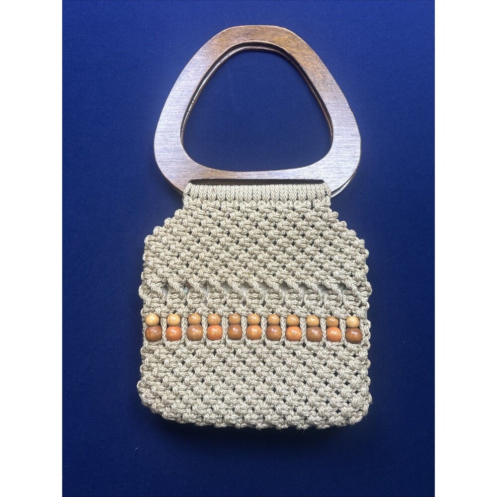 Vintage Macrame Handbag Purse Wood Handles Beige Boho Hippie Handmade 1970s - Picture 5 of 12